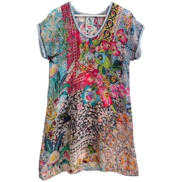 Johnny Was Tunic Dress Cupra Rayon Floral Birds Print A-Line Mini Size Small - Picture 1 of 7